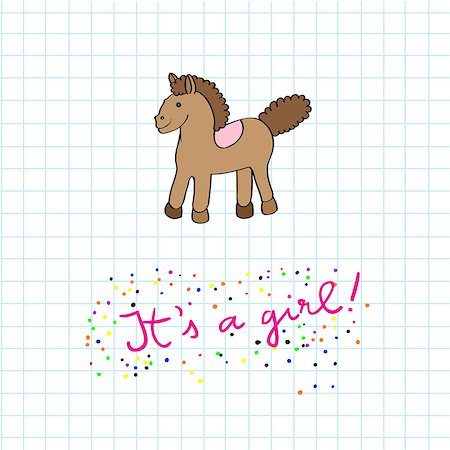 simsearch:400-07102630,k - Baby girl arrival card with toy horse cartoon over a math paper background with pink text and colored dots Foto de stock - Super Valor sin royalties y Suscripción, Código: 400-07257555