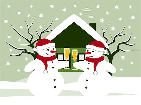 vector pair of snowmen with glasses of champagne in snowy garden, Adobe Illustrator 8 format Stock Photo - Budget Royalty-Free & Subscription, Code: 400-07257615