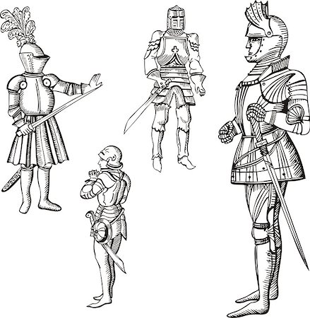 Medieval knights. Set of black and white vector illustrations. Stock Photo - Budget Royalty-Free & Subscription, Code: 400-07257662