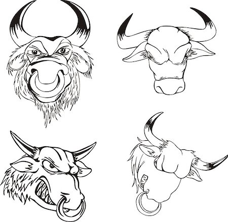 simsearch:400-06769146,k - Aggressive bull heads. Set of black and white vector tattoo designs. Stock Photo - Budget Royalty-Free & Subscription, Code: 400-07257686