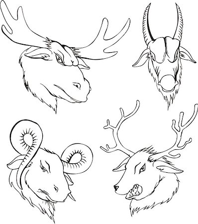 simsearch:400-06769146,k - Aggressive heads of deers and goats. Set of black and white vector tattoo designs. Stock Photo - Budget Royalty-Free & Subscription, Code: 400-07257688