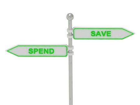 simsearch:400-04776651,k - Signs with green "SPEND" and "SAVE" pointing in opposite directions, Isolated on white background, 3d rendering Stock Photo - Budget Royalty-Free & Subscription, Code: 400-07257750