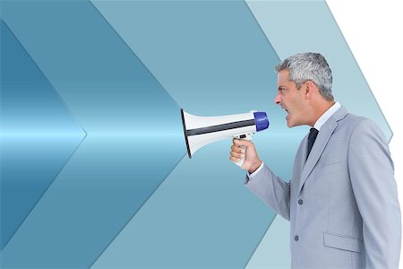 simsearch:400-07258010,k - Composite image of businessman shouting in loudspeaker Foto de stock - Royalty-Free Super Valor e Assinatura, Número: 400-07257993