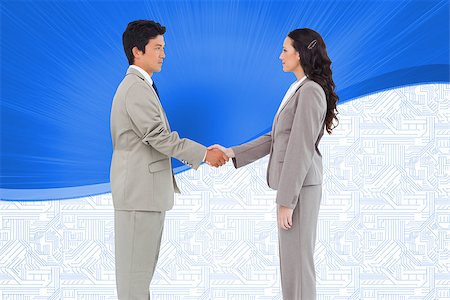 simsearch:400-07225597,k - Composite image of side view of hand shaking trading partners against a white background Stock Photo - Budget Royalty-Free & Subscription, Code: 400-07258028