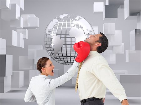 simsearch:400-07258232,k - Composite image of businesswoman hitting a businessman with boxing gloves on white background Foto de stock - Super Valor sin royalties y Suscripción, Código: 400-07258035