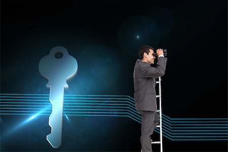 simsearch:400-07227450,k - Composite image of businessman standing on ladder holding binoculars Stock Photo - Budget Royalty-Free & Subscription, Code: 400-07258031