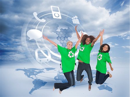 Composite image of three enviromental activists jumping and smiling on white background Stock Photo - Budget Royalty-Free & Subscription, Code: 400-07258181