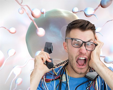 simsearch:614-00388147,k - Composite image of portrait of frustrated computer engineer screaming while on call in front of open cpu over white background Foto de stock - Royalty-Free Super Valor e Assinatura, Número: 400-07258257