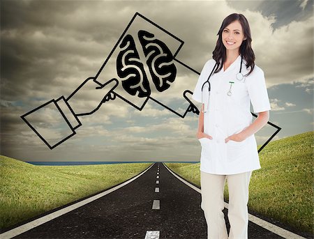 simsearch:400-07220030,k - Composite image of confident female doctor standing in front of the window while smiling Stock Photo - Budget Royalty-Free & Subscription, Code: 400-07258341