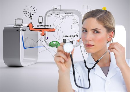 Composite image of serious nurse listening with stethoscope and looking at the camera Stock Photo - Budget Royalty-Free & Subscription, Code: 400-07258547