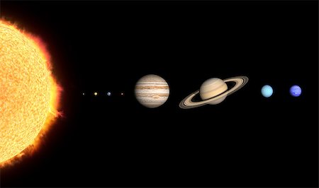 A rendered comparison of the Sun and the Planets Mercury, Venus, Earth, Mars, Jupiter, Saturn, Uranus and Neptune. Stockbilder - Microstock & Abonnement, Bildnummer: 400-07258844