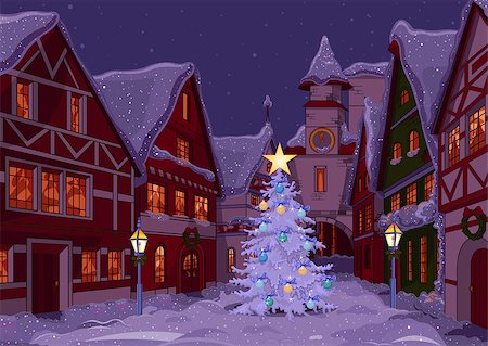 painting old fashioned buildings - Christmas town street at night Stock Photo - Budget Royalty-Free & Subscription, Code: 400-07258861