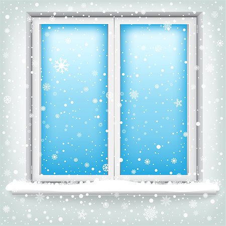 snowflakes on window - The plastic window and falling snow, winter theme. Photographie de stock - Aubaine LD & Abonnement, Code: 400-07258895