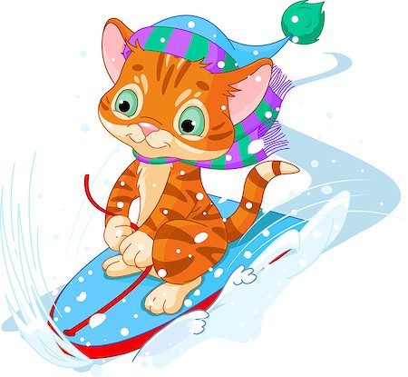 simsearch:400-05693542,k - Cute kitten sledding downhill winter snow mountain Photographie de stock - Aubaine LD & Abonnement, Code: 400-07259442