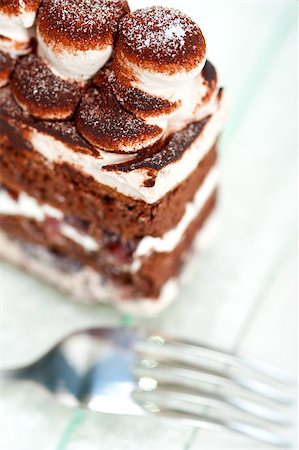 simsearch:400-07256405,k - fresh whipped cream dessert cake slice with cocoa powder on top Fotografie stock - Microstock e Abbonamento, Codice: 400-07259511