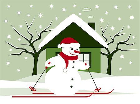 santa claus ski - vector christmas snowman skier in snowy landscape, Adobe Illustrator 8 format Foto de stock - Super Valor sin royalties y Suscripción, Código: 400-07259682