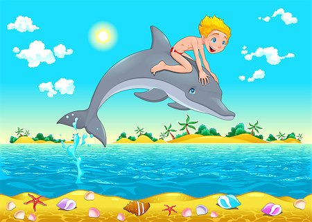 simsearch:400-07259873,k - The boy and the dolphin in the sea. Cartoon vector illustration, isolated objects Stock Photo - Budget Royalty-Free & Subscription, Code: 400-07259824