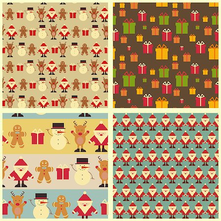 Set of Christmas Seamless Vintage backgrounds. Signs of Christmas: Santa Claus, Snowman, Deer and Gingerbread on retro background. Vector illustration. Stock Photo - Budget Royalty-Free & Subscription, Code: 400-07259884