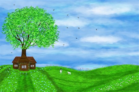 picture with a little girl and lamb - Summer illustration with a little girl and a lamb. A lonely house and a green tree. Stock Photo - Budget Royalty-Free & Subscription, Code: 400-07259886