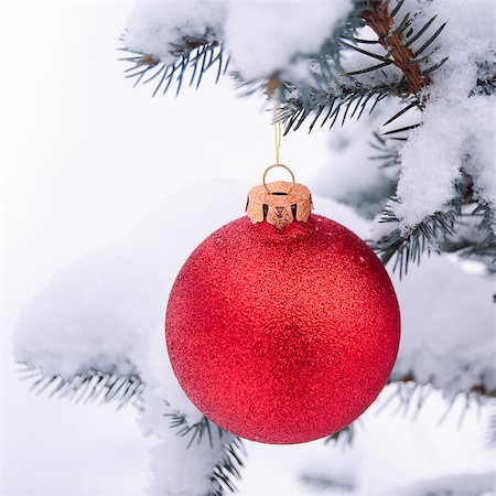 simsearch:400-07246701,k - Beautiful Red Christmas Ball on the Fir Branch Covered with Snow. Christmas Background Stock Photo - Budget Royalty-Free & Subscription, Code: 400-07250992