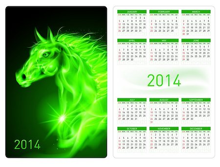 simsearch:400-07257318,k - Calendar 2014 with beautiful green fire horse image. Fotografie stock - Microstock e Abbonamento, Codice: 400-07252696