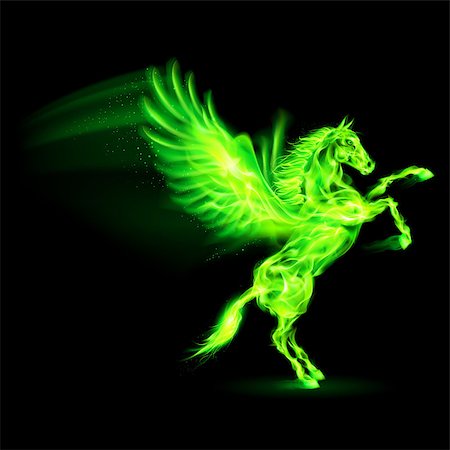 simsearch:400-07252708,k - Green fire Pegasus rearing up. Illustration on black background Foto de stock - Super Valor sin royalties y Suscripción, Código: 400-07252704