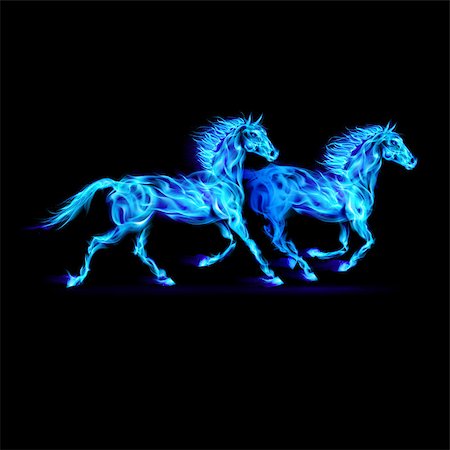 simsearch:400-07252708,k - Running blue fiery horses. Illustration on black background. Foto de stock - Super Valor sin royalties y Suscripción, Código: 400-07252715