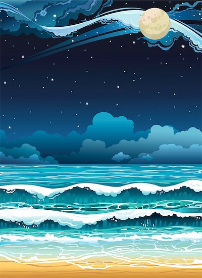 Night seascape with full moon and starry sky. Stock Photo - Royalty-Free, Artist: Natuska, Image code: 400-07253253
