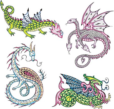 sea monster - Four mythic dragons. Set of color vector illustrations. Stock Photo - Budget Royalty-Free & Subscription, Code: 400-07264215