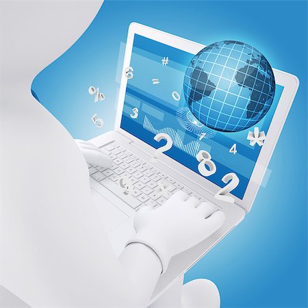 3d white man sitting with a laptop. Globe and numbers fly out of the screen. The concept of Computer Technology Stock Photo - Budget Royalty-Free & Subscription, Code: 400-07264488
