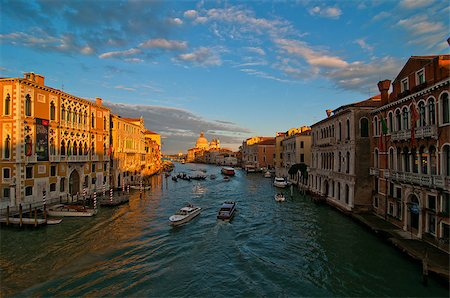 simsearch:400-07272498,k - Venice Italy grand canal view from the top of Accademia bridge with "Madonna della Salute" church on background at sunset Stock Photo - Budget Royalty-Free & Subscription, Code: 400-07264557
