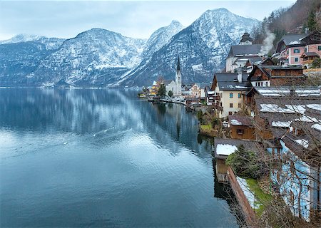 simsearch:400-07042039,k - Winter Alpine Hallstatt Town and lake Hallstatter See view (Austria) Stock Photo - Budget Royalty-Free & Subscription, Code: 400-07264604