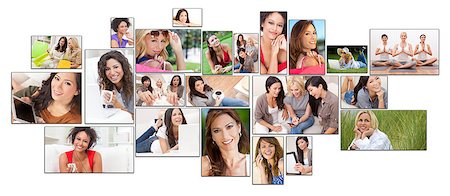 Montage of interracial mixed race group of women enjoying a healthy active lifestyle relaxing at home, outside, using laptop computer, mobile cell phone, shopping, drinking tea and coffee, listening to music and working out Stock Photo - Budget Royalty-Free & Subscription, Code: 400-07264908