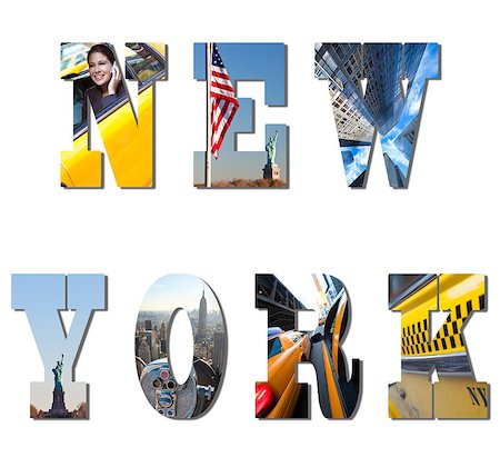 statue of liberty on the flag - Word montage spelling New York, The Statue of Liberty and a busy successful businesswoman working in the city on her mobile phone catching yellow taxi cab Photographie de stock - Aubaine LD & Abonnement, Code: 400-07264911