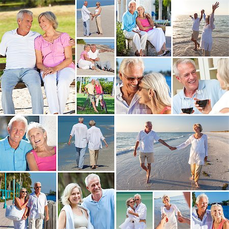 Montage of happy old senior man woman couples people enjoying an active retirement lifestyle on the beach, walking by a river or lake, drinking wine and cycling Stock Photo - Budget Royalty-Free & Subscription, Code: 400-07264913