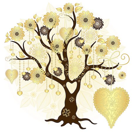 Gold valentine decorative tree with flowers and hearts (vector) Stock Photo - Budget Royalty-Free & Subscription, Code: 400-07264968