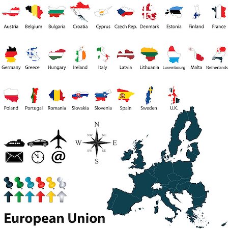 simsearch:400-04968347,k - Vector of political map of European Union set with maps and flags on white background Stock Photo - Budget Royalty-Free & Subscription, Code: 400-07264980