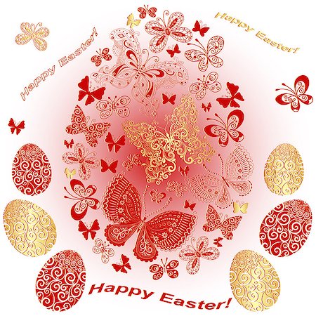 simsearch:400-07265301,k - Easter greeting red-gold card with eggs and butterflies (vector) Foto de stock - Royalty-Free Super Valor e Assinatura, Número: 400-07264992