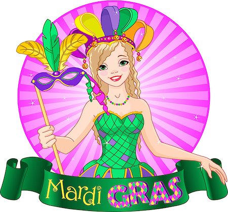 Mardi Gras Design of beautiful girl holding mask Stock Photo - Budget Royalty-Free & Subscription, Code: 400-07265145