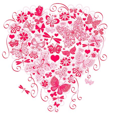 simsearch:400-07265301,k - Valentine greeting pink card with big heart and butterflies isolated on white (vector) Foto de stock - Royalty-Free Super Valor e Assinatura, Número: 400-07265301