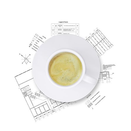 simsearch:400-04022943,k - Desktop architect. Drawings and a cup of coffee Foto de stock - Super Valor sin royalties y Suscripción, Código: 400-07265429