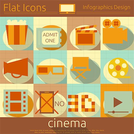 Flat Icons Set - Movie in Retro Style - Infographics Design. Vector Illustrations Stock Photo - Budget Royalty-Free & Subscription, Code: 400-07265577