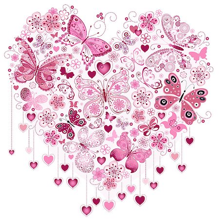 simsearch:400-07265301,k - Valentine pink big heart with butterflies isolated on white (vector) Foto de stock - Royalty-Free Super Valor e Assinatura, Número: 400-07265857