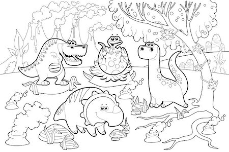 prehistoric cartoon trees - Funny dinosaurs in a prehistoric landscape, black and white. Cartoon  vector illustration Stock Photo - Budget Royalty-Free & Subscription, Code: 400-07265860