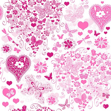 simsearch:400-09133678,k - Valentine seamless floral pattern with hearts and butterflies (vector) Stock Photo - Budget Royalty-Free & Subscription, Code: 400-07265863