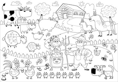 family hen - Funny farm family in black and white. Cartoon  vector illustration. Stock Photo - Budget Royalty-Free & Subscription, Code: 400-07265886