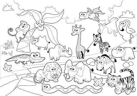 Savannah animal family with background in black and white. Cartoon vector illustration. Stock Photo - Budget Royalty-Free & Subscription, Code: 400-07266043