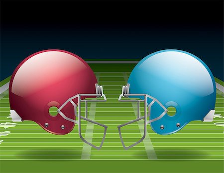 An illustration of an American Football field and helmets. Vector EPS 10 file available. EPS file contains transparencies. Gradient mesh only used in the shadows below the helmets on the field. Fotografie stock - Microstock e Abbonamento, Codice: 400-07266145