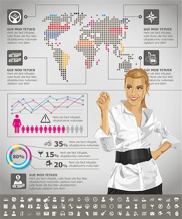 Vector infogrsphic with business woman, earth map and web isons, and elements usefull for any visualisations Stock Photo - Budget Royalty-Free & Subscription, Code: 400-07266611