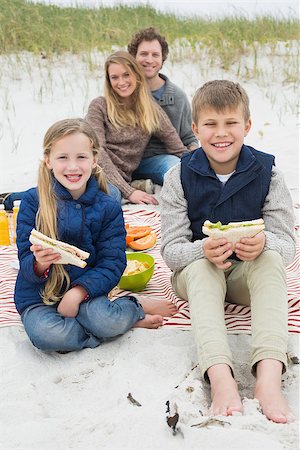 simsearch:400-07267212,k - Portrait of a happy family of four enjoying picnic at the beach Stockbilder - Microstock & Abonnement, Bildnummer: 400-07267330